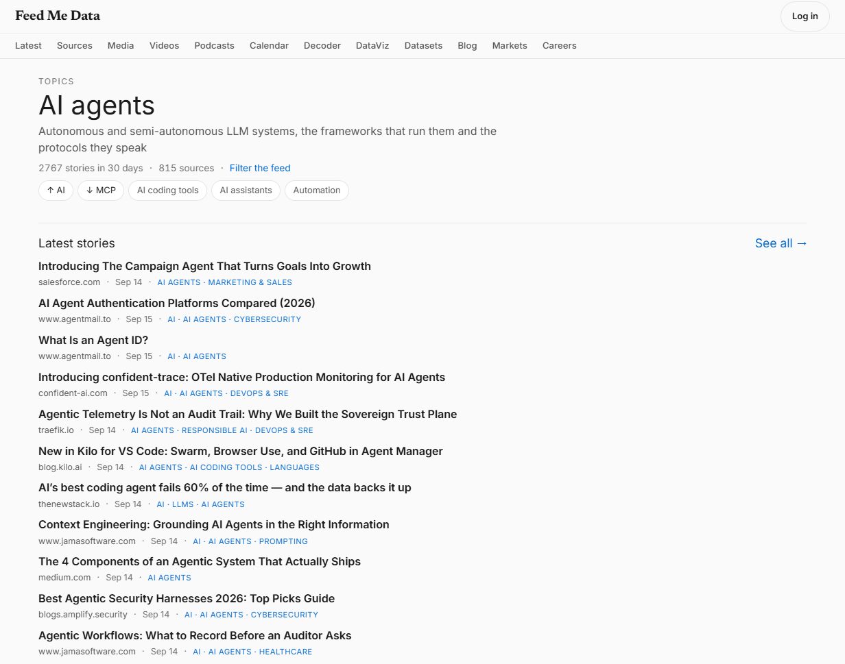 The AI agents topic hub on the live site, signed out: the concept's blurb, a thirty-day story and source count, chips for its broader, narrower and related concepts, and the latest stories with concept labels under each headline